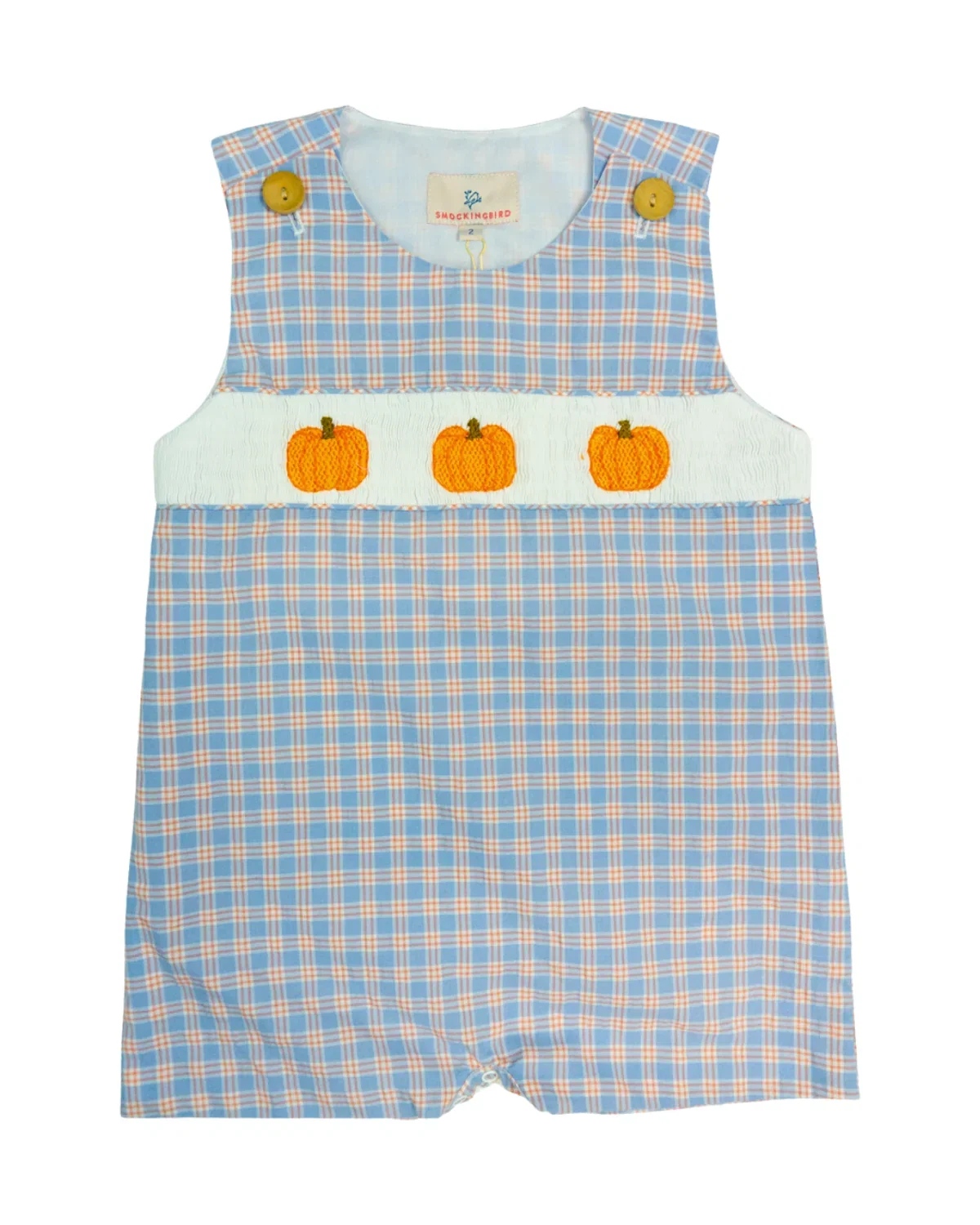 Image of Pumpkin Plaid Smocked Shortall