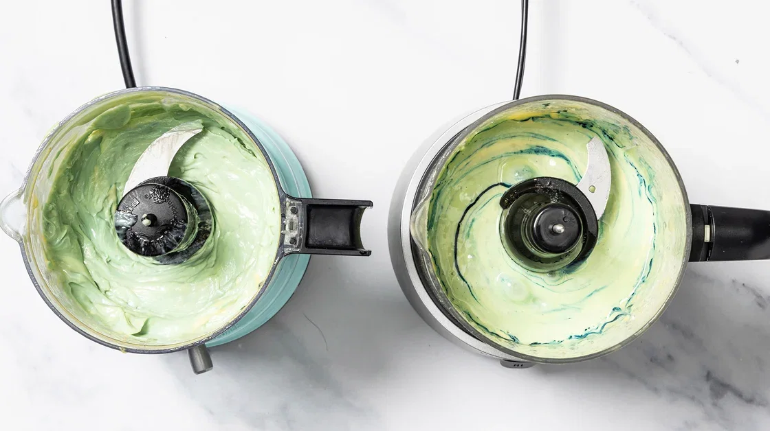 Comparing the power of two small food processor models using a mayo and food coloring test.
