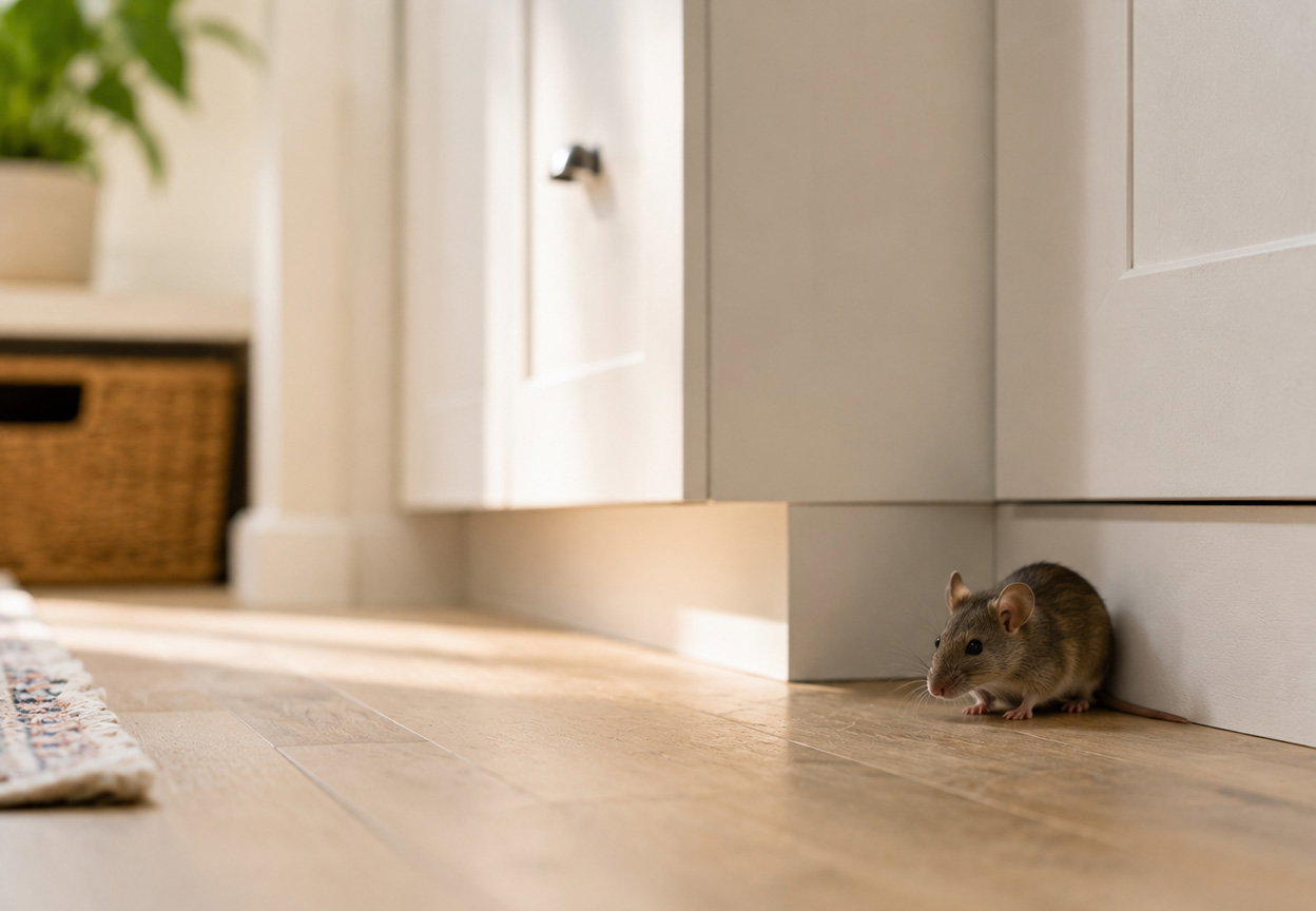 Small mouse peeking out along the baseboard of a bright, modern kitchen
