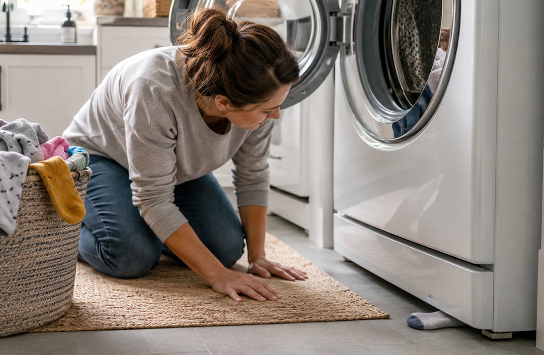 Homeowner searching beside a washer and dryer for a missing sock partially hidden underneath the appliance.