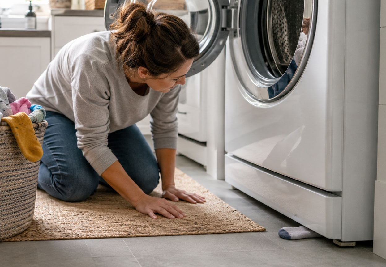 Homeowner searching beside a washer and dryer for a missing sock partially hidden underneath the appliance.