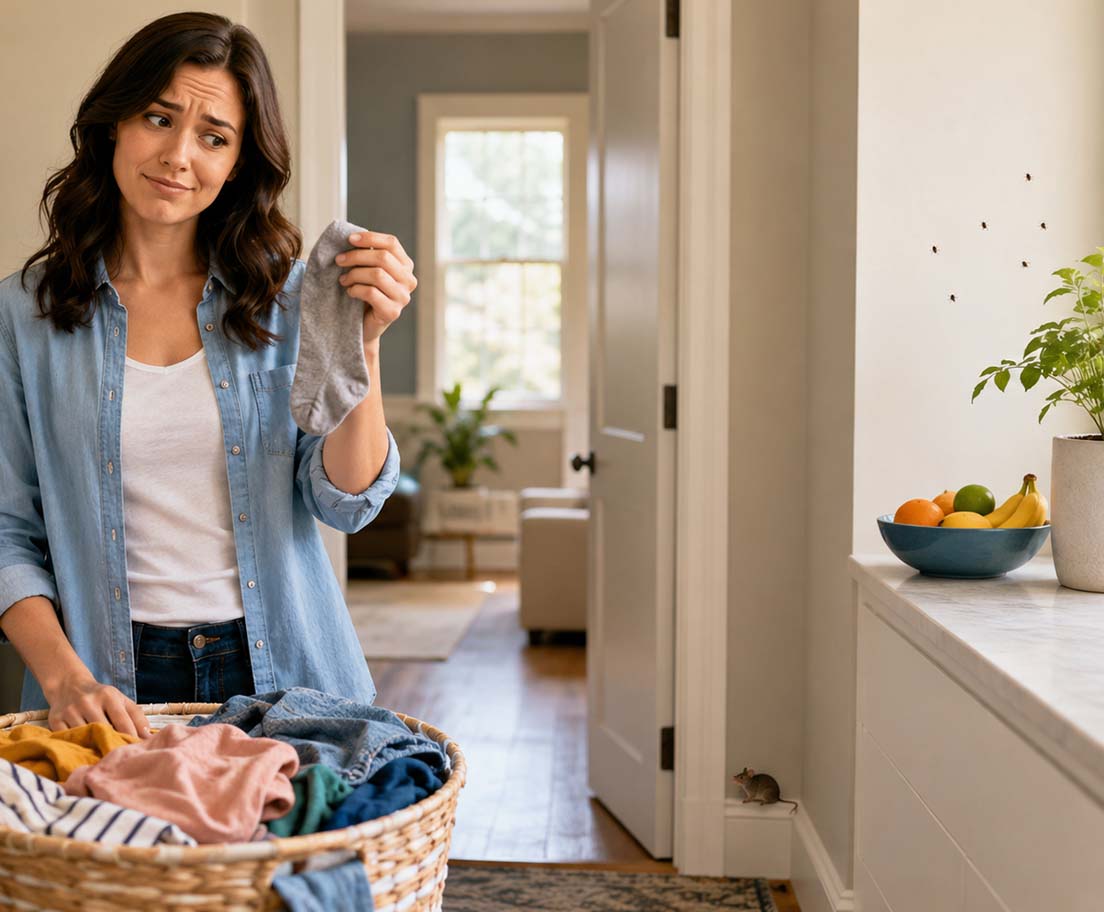 Homeowner holding a single sock in a bright laundry room while noticing gnats near a plant and a small mouse by the baseboard