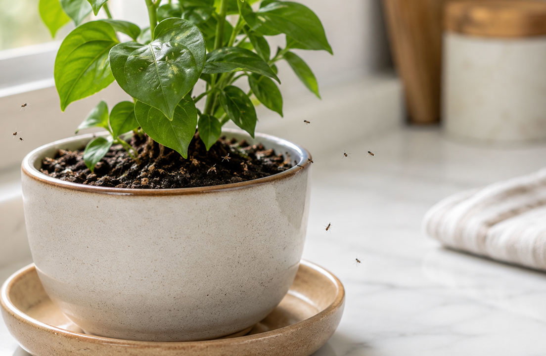 Tiny gnats hovering around a potted houseplant in a bright, clean home