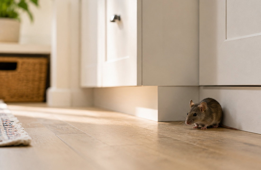Small mouse peeking out along the baseboard of a bright, modern kitchen
