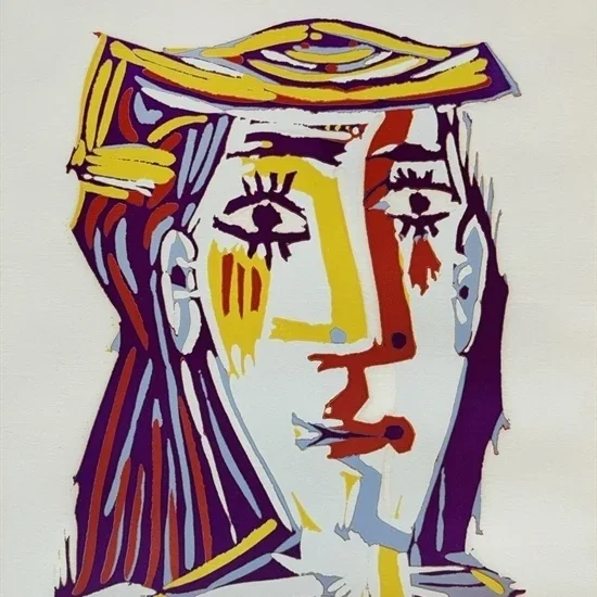 Pablo Picasso, Portrait de Jacqueline au Chapeau de Paille Multicolore
