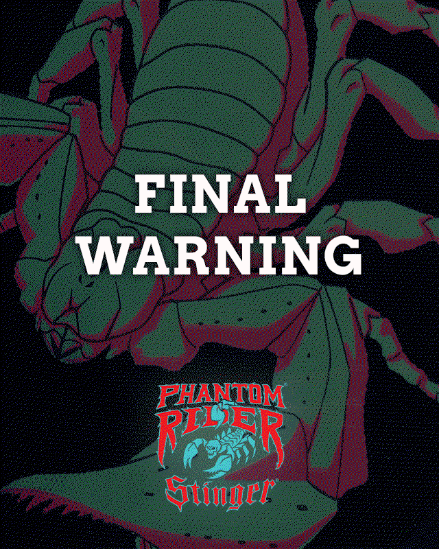 final warning. Phantom rider stinger logo. Close up of phantom rider stinger boots. Sign up for the drop.