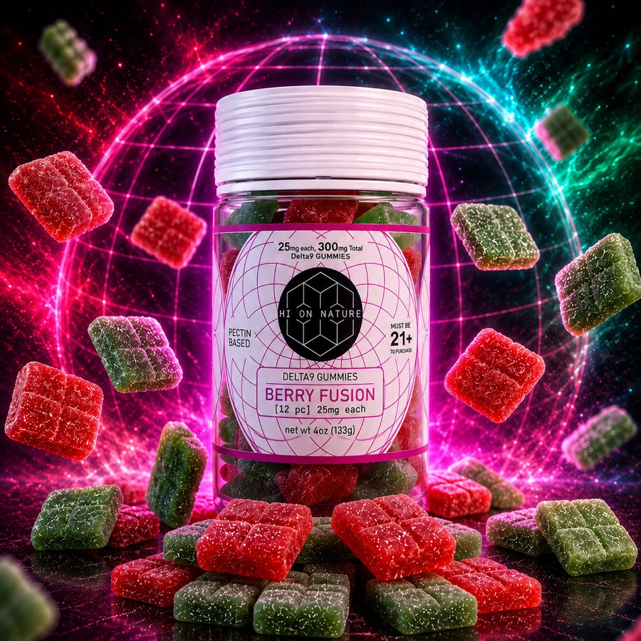 Hi On Nature Berry Fusion Delta 9 Gummy Squares — limited edition, 12 pieces, 25mg each