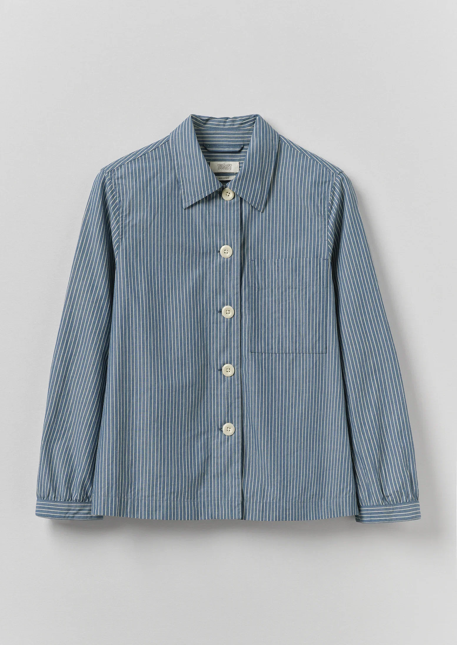 Image of Baya Patch Pocket Stripe Cotton Shirt | Chambray Blue/Ecru