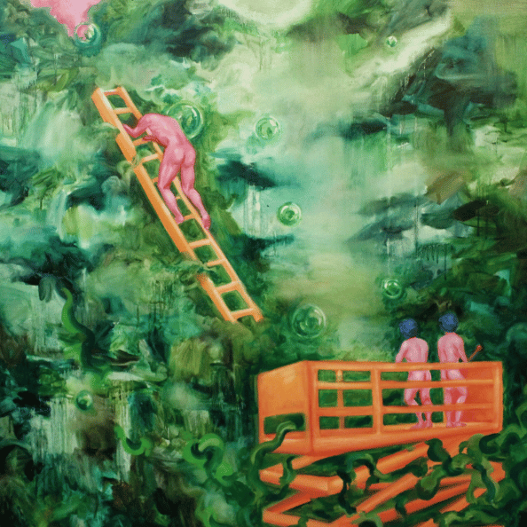 Surreal painting green people climbing