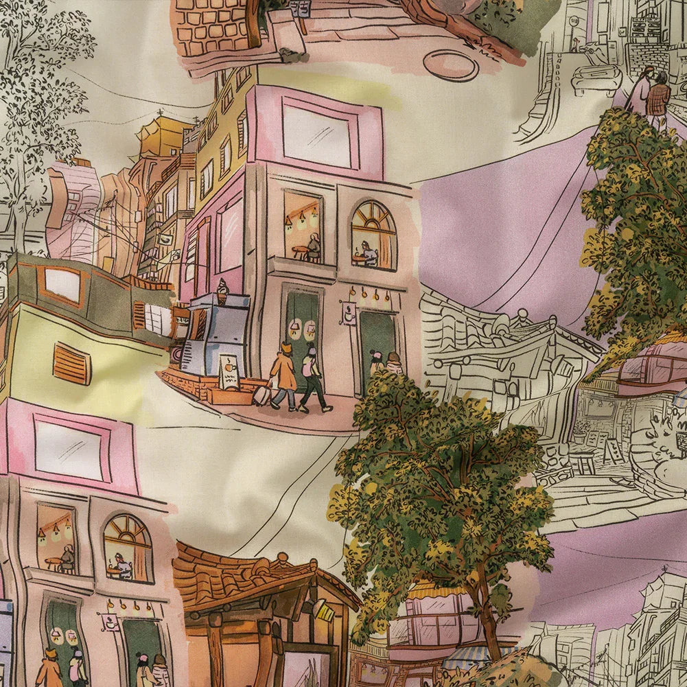Image of Cotton Voile - Multicolor Streetscapes and Trees - Growing Roots Print - Mood Exclusive Wisteria Collection