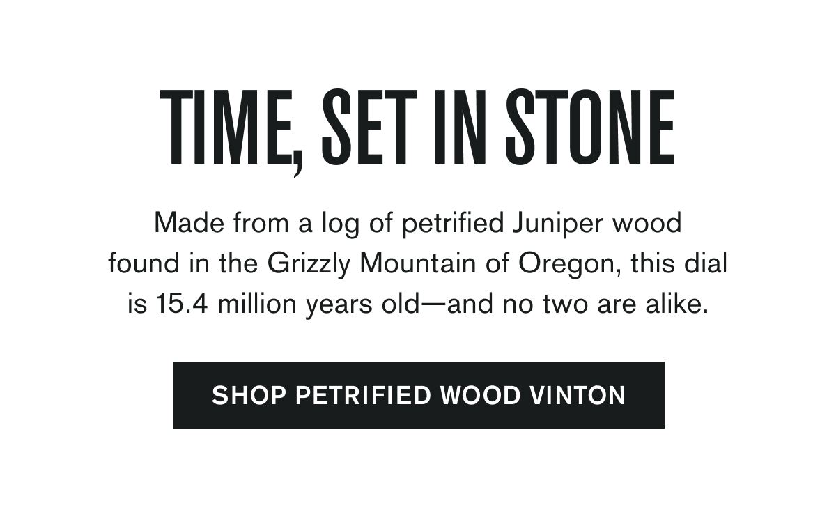 TIME, SET IN STONE | Made from a log of petrified Juniper wood found in the Grizzly Mountain of Oregon, this dial is 15.4 million years old—and no two are alike. | SHOP PETRIFIED WOOD VINTON