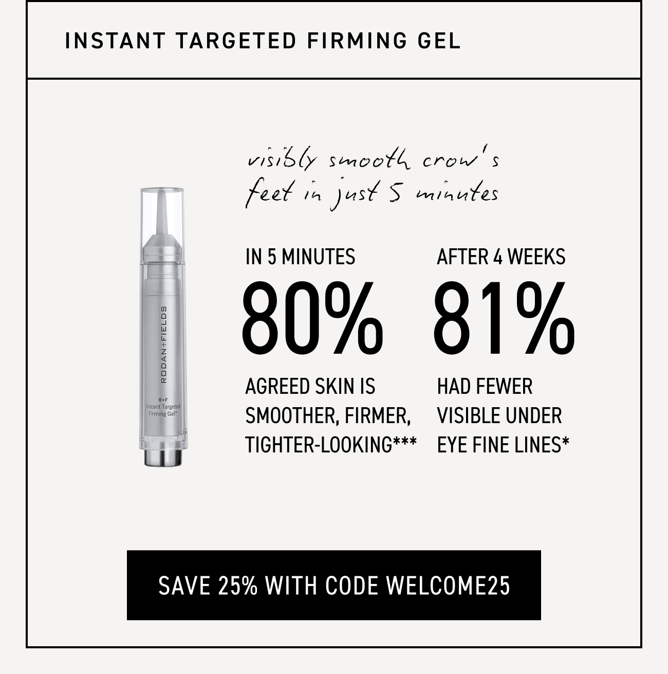 Instant Targeted Firming Gel; visibly smooth crow's feet and reduce the appearance of under-eye fine lines. Save 25% with code WELCOME25.