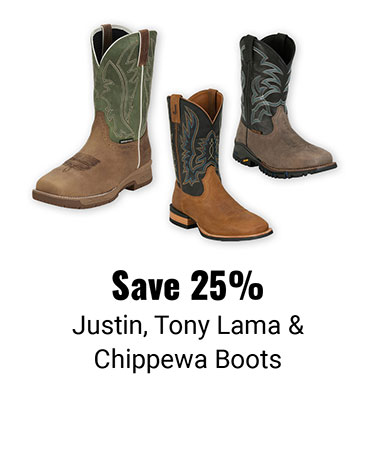 Save 25% Justin, Tony Lama and Chippewa Boots