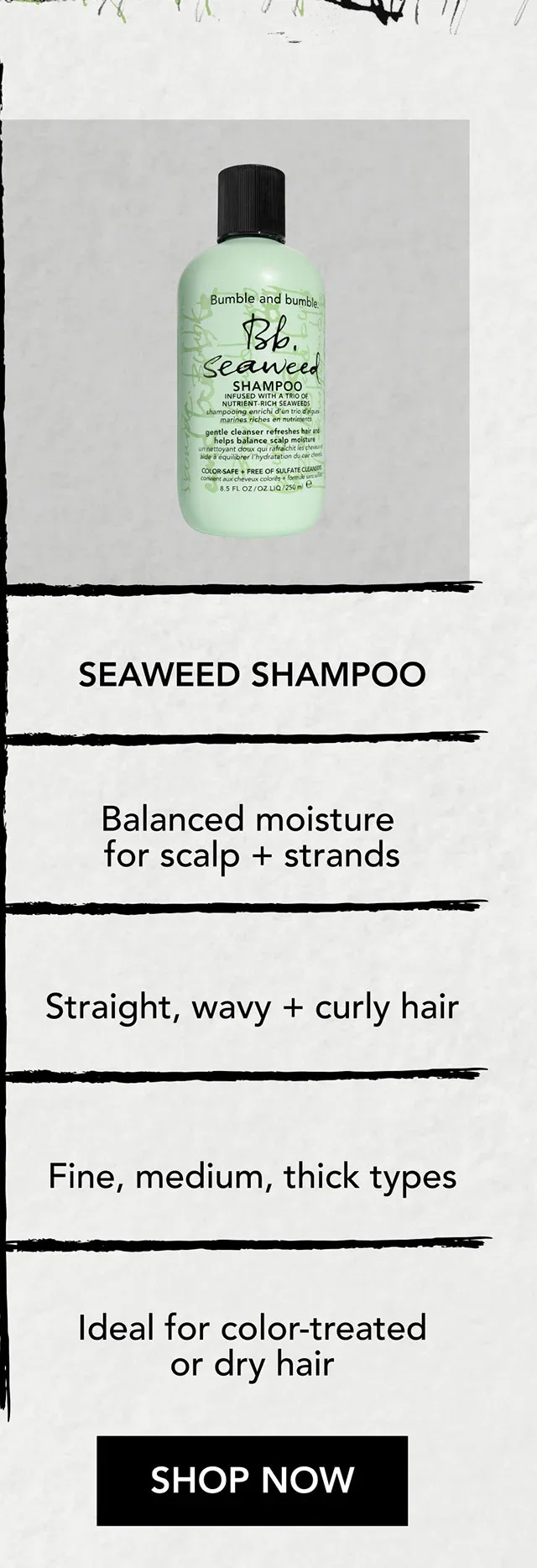 SEAWEED SHAMPOO | Balanced moisture for scalp + strands | Straight, wavy + curly hair | Fine, medium, thick types | Ideal for color-treated or dry hair | SHOP NOW SEAWEED SHAMPOO | Balanced moisture for scalp + strands | Straight, wavy + curly hair | Fine, medium, thick types | Ideal for color-treated or dry hair | SHOP NOW