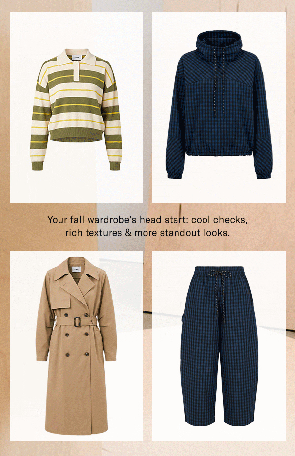 Your fall wardrobe's head start: cool checks, rich textures & more standout looks.