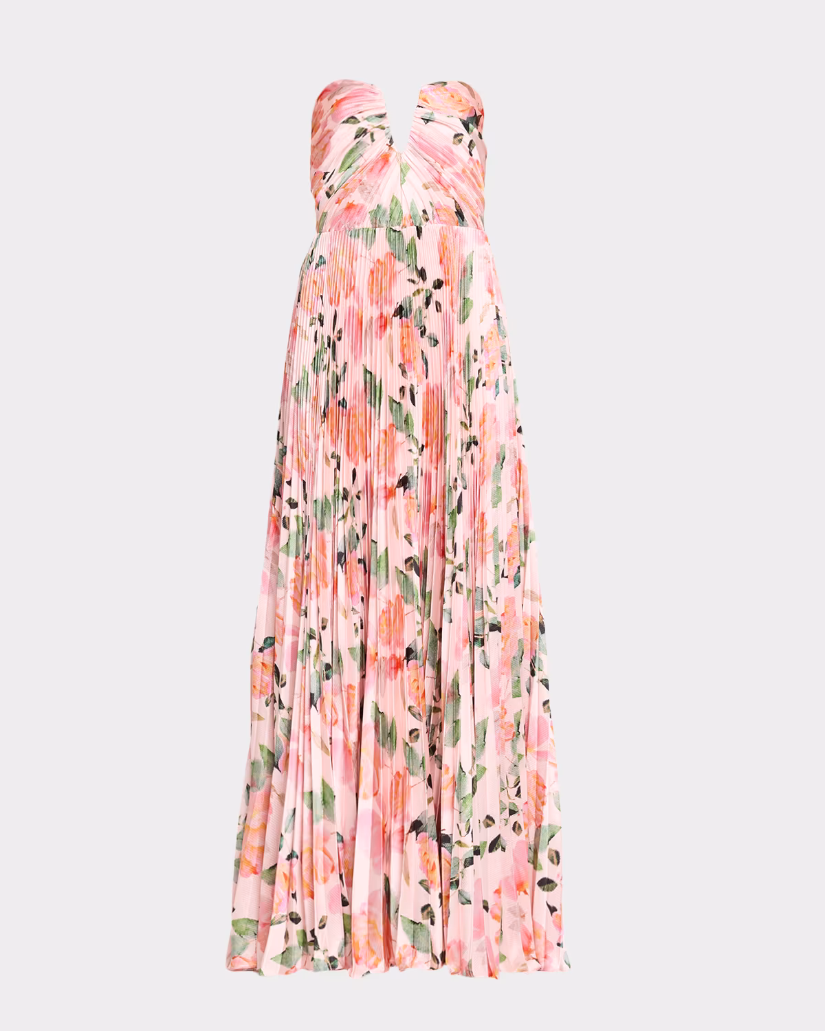 Ella Strapless Pleated Floral-Print Satin Gown