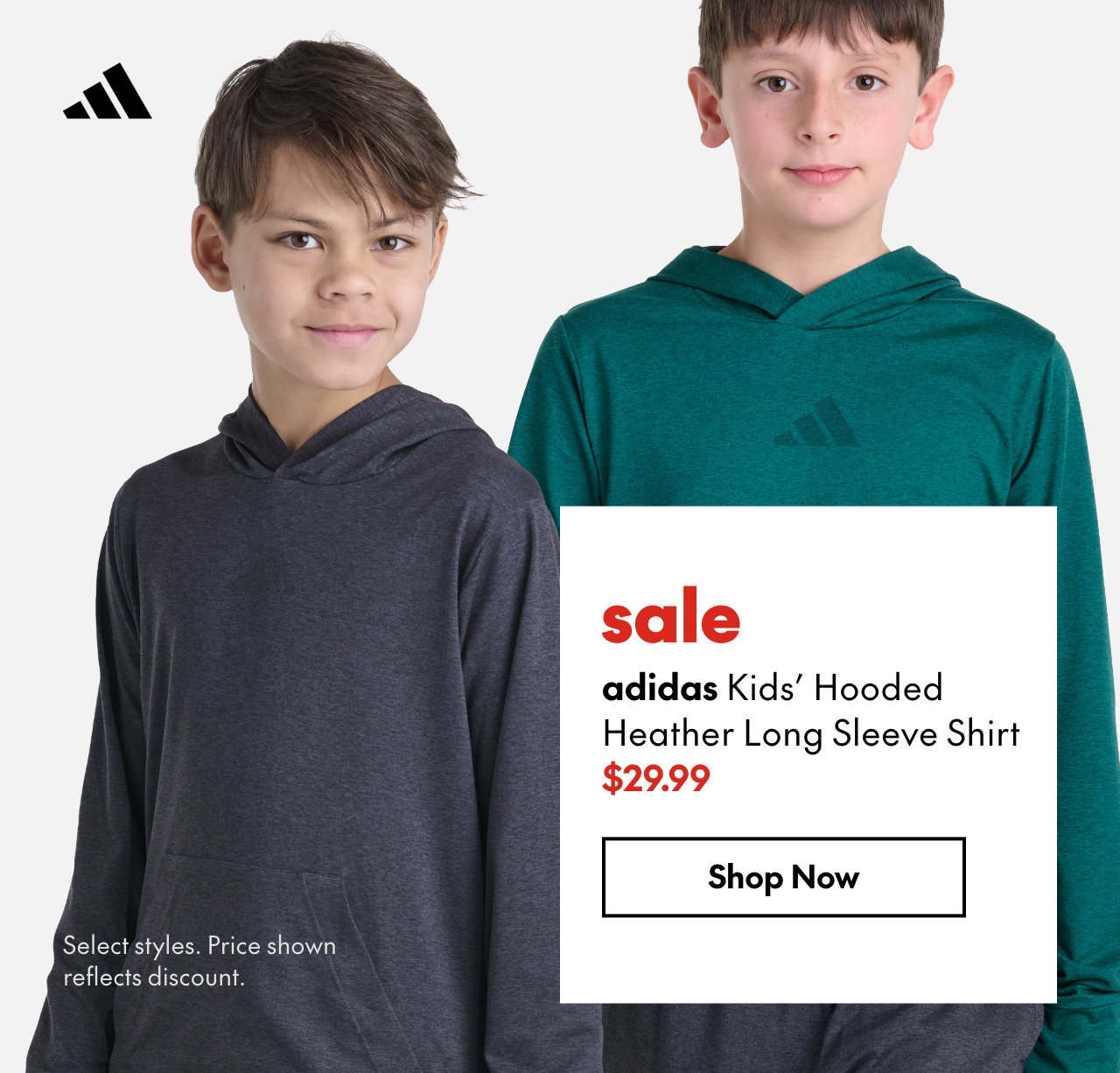 adidas Hooded Heather Long Sleeve Shirt. sale 29.99. Prices shown reflect adidas 25% off discount.
