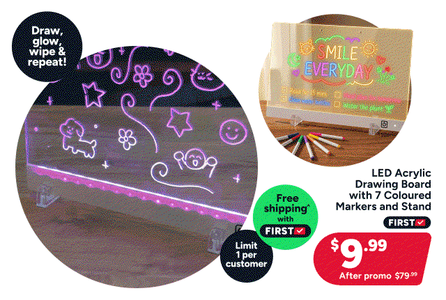 LED Acrylic Drawing Board with 7 Coloured Markers and Stand