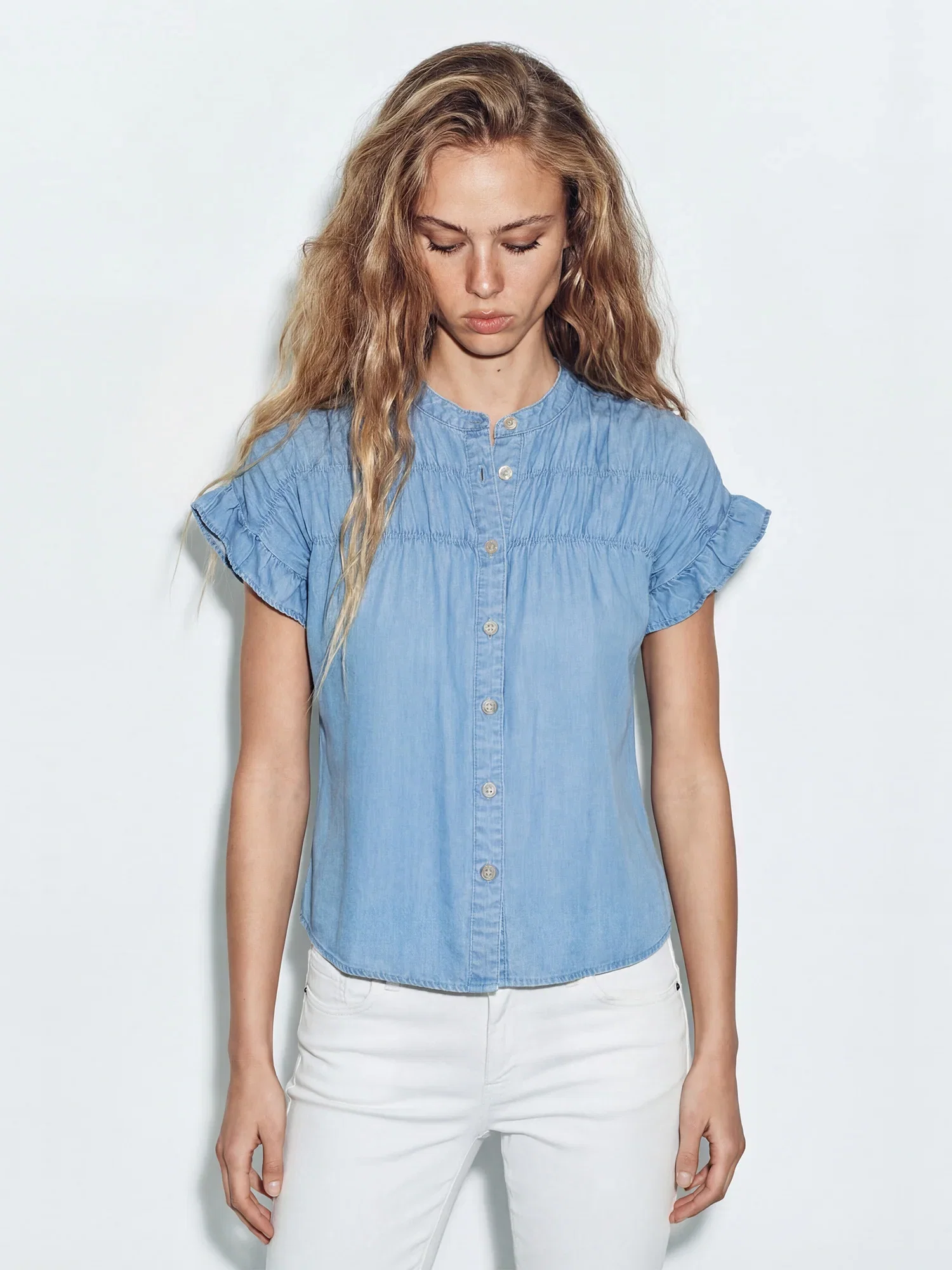 Image of Short Sleeve Flutter Sleeve Chambray Ruched Button Down Shirt