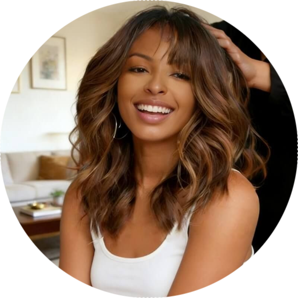 Ombre Chestnut Brown Layered Wavy Wigs With Bangs Pre Cut Lace Glueless Human Hair Wigs