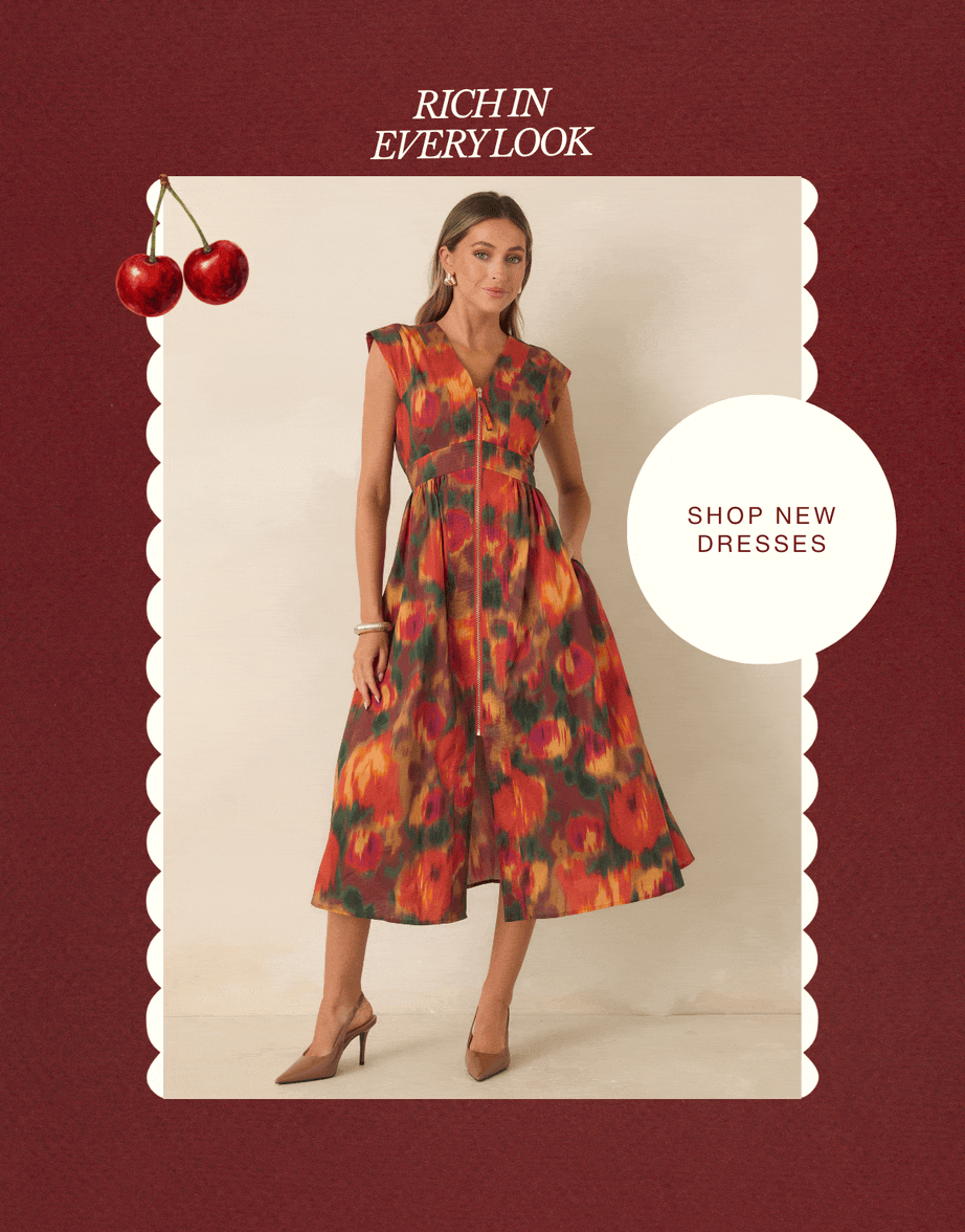 "Rich in every look. Shop new dresses."
