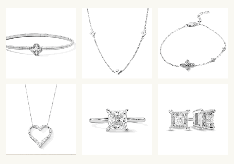 Assortment of silver-set styles with diamond details: bracelet, heart pendant, studs & ring.