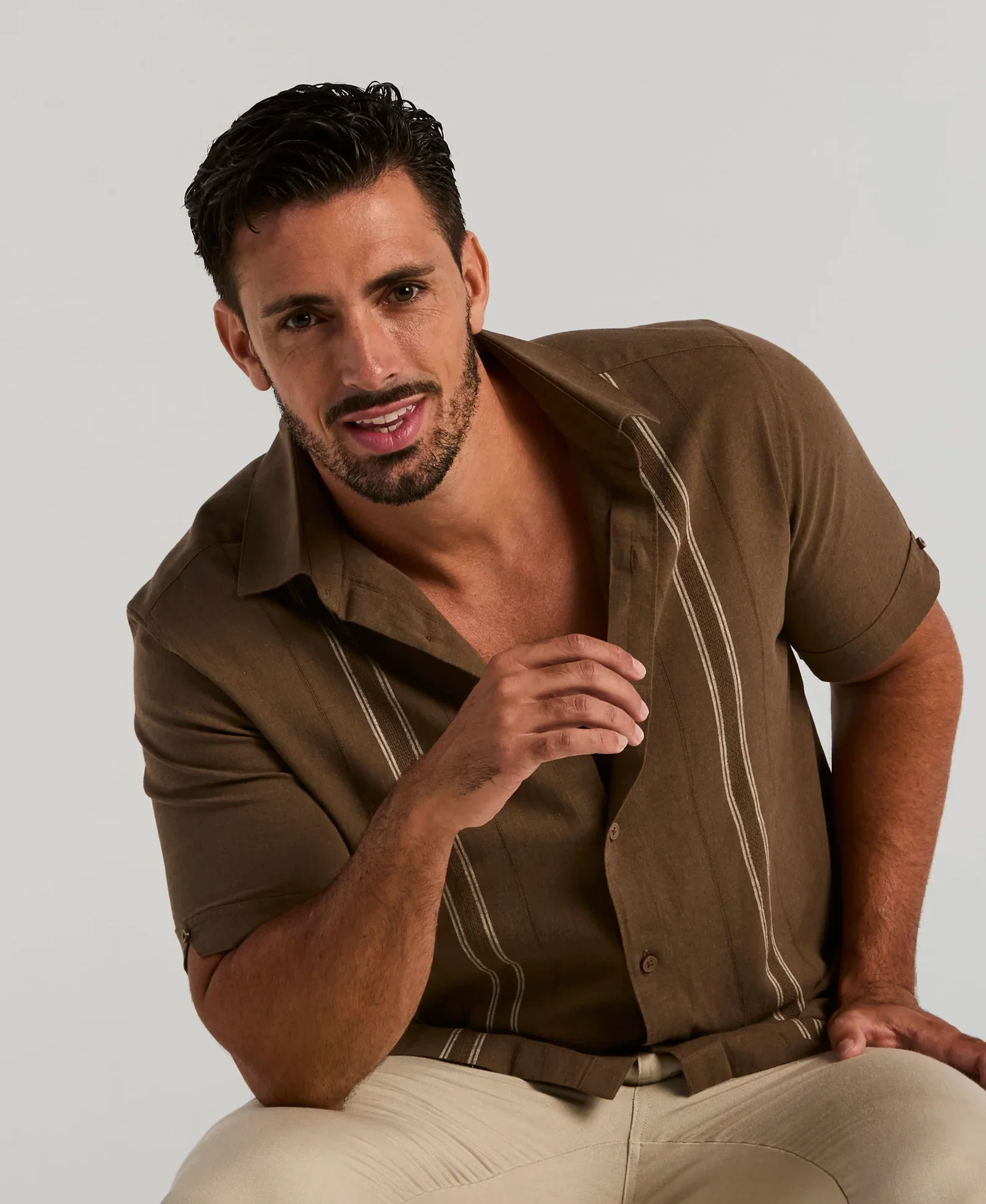 Shop the Cubavera Men's Linen Blend Dobby Panel Shirt in Chocolate Chip today