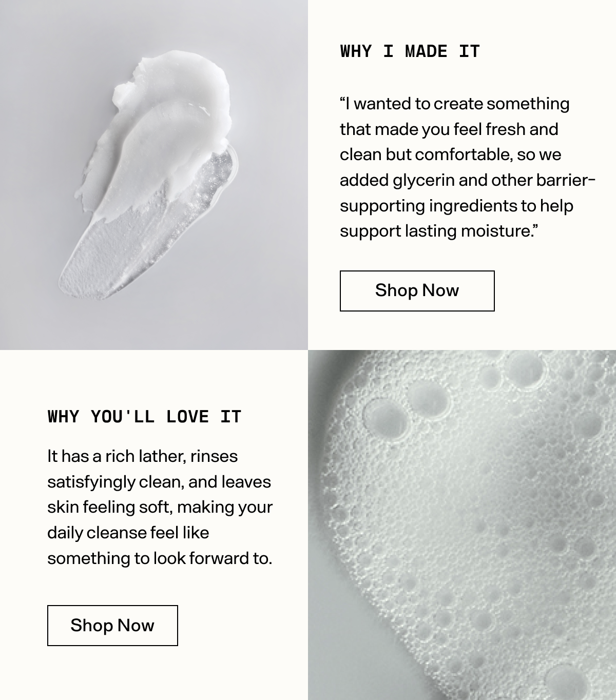 It has a rich lather, rinses satisfyingly clean and leaves skin feeling soft.