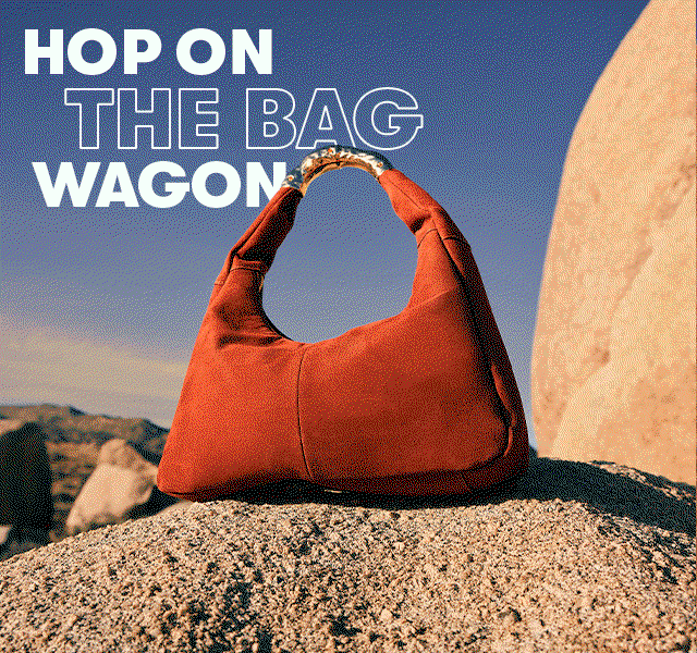 Orange shoulder bag on a desert rock with text ‘Hop on the bag wagon’.
