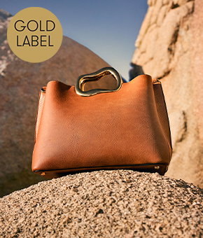 Brown leather bag on a desert rock.
