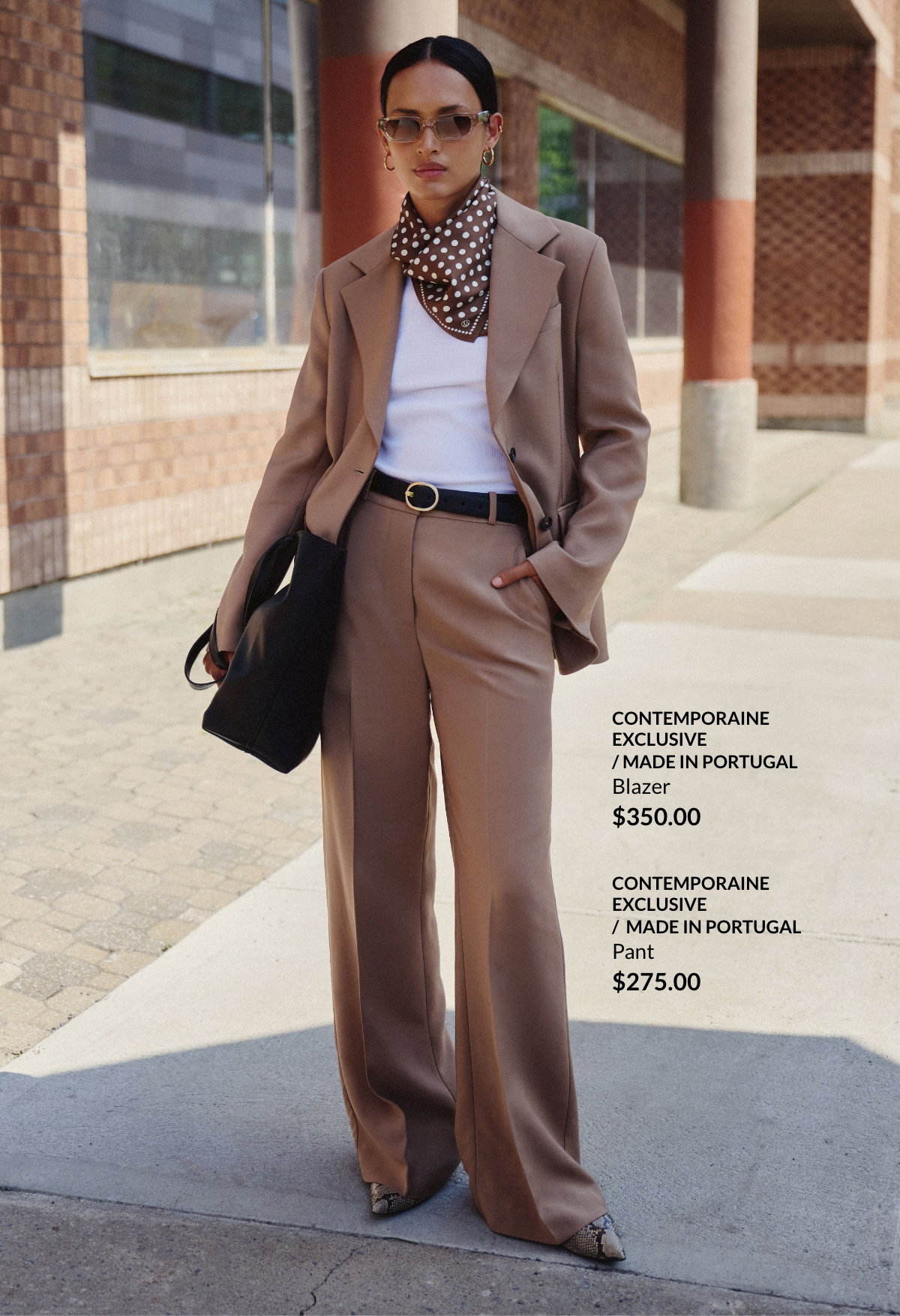 Woman wearing a relaxed-fit blazer in camel beige at 350$ and its matching wide-leg pant at 275$.