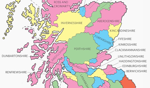 A map of Scotland showing its historic counties, each in a distinct color, such as Aberdeen, Inverness, and Lanarkshire.