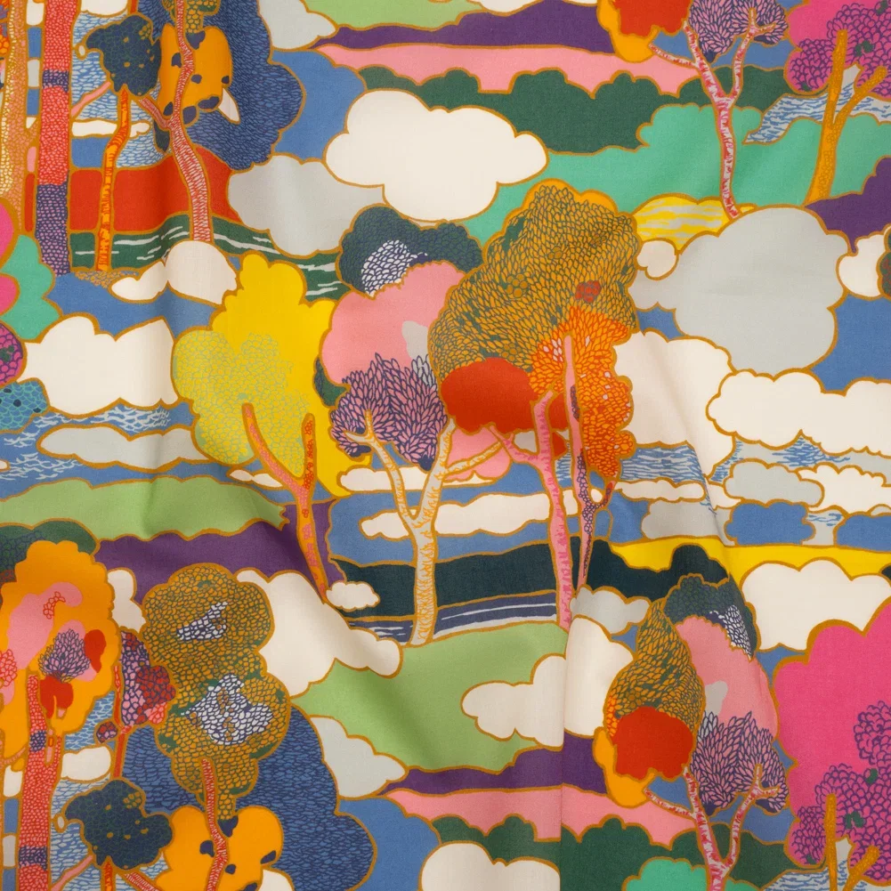 Image of Liberty Fabrics Tana Lawn® - Prospect Road Multi Bright - Yellow, Blue and Red Tree Filled Landscape