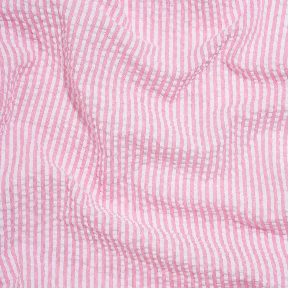 Image of Polyester and Cotton Seersucker - Bubblegum Pink and White Candy Stripes - Wylie Collection
