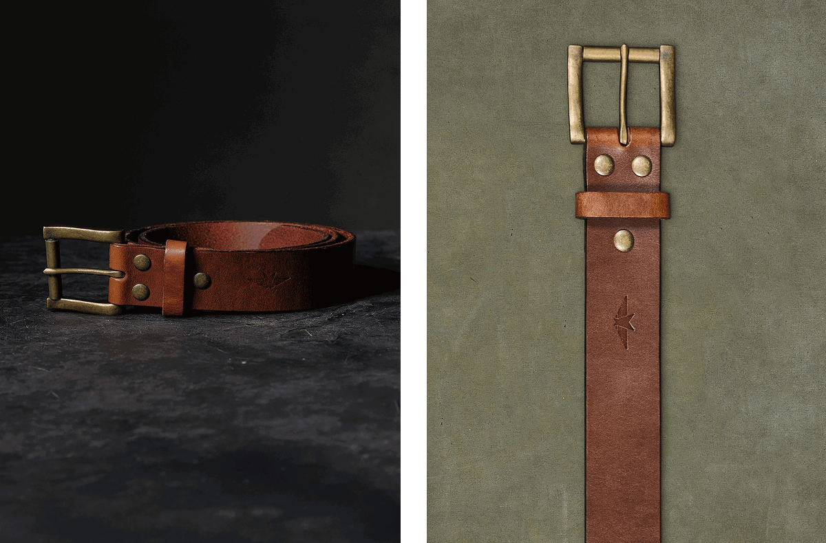 Two detail shots of a brown leather belt with an antiqued buckle, one coiled on a dark surface and one showing the buckle and stitching against a green backdrop.