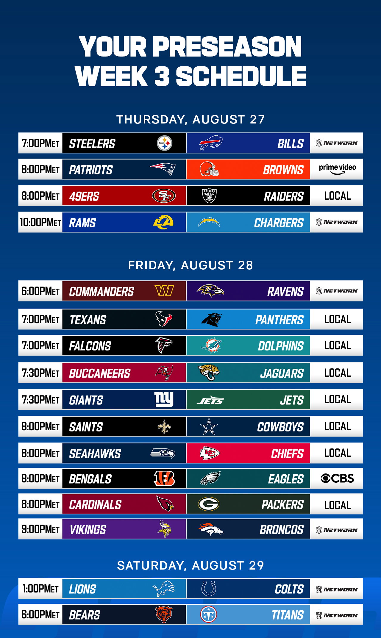 YOUR PRESEASON WEEK 3 SCHEDULE
