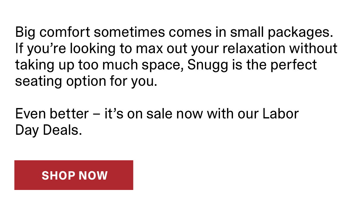 Big comfort sometimes comes in small packages. If you're looking to max out your relaxation without taking up to much space, Snugg is the perfect seating option for you. Even Better - it's on sale now with our Labor Day Deals.