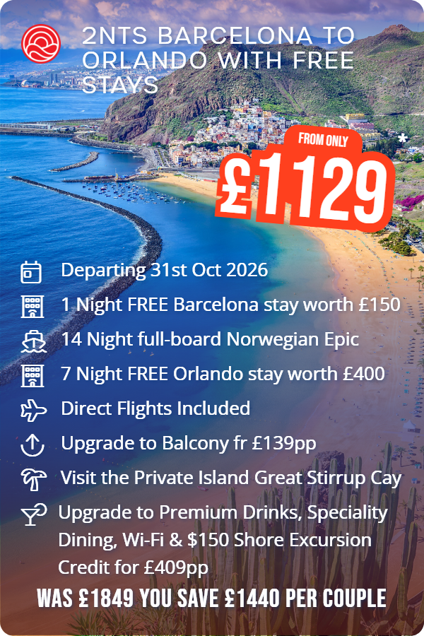 Upgrade to Premium Drinks, Speciality Dining, Wi-Fi & $150 Shore Excursion Credit for £409pp