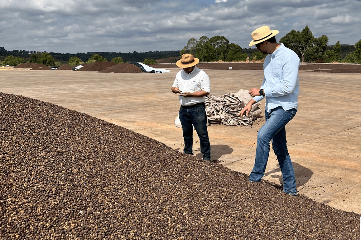Fazenda Rio Brilhante producers by a big pile of coffee beans