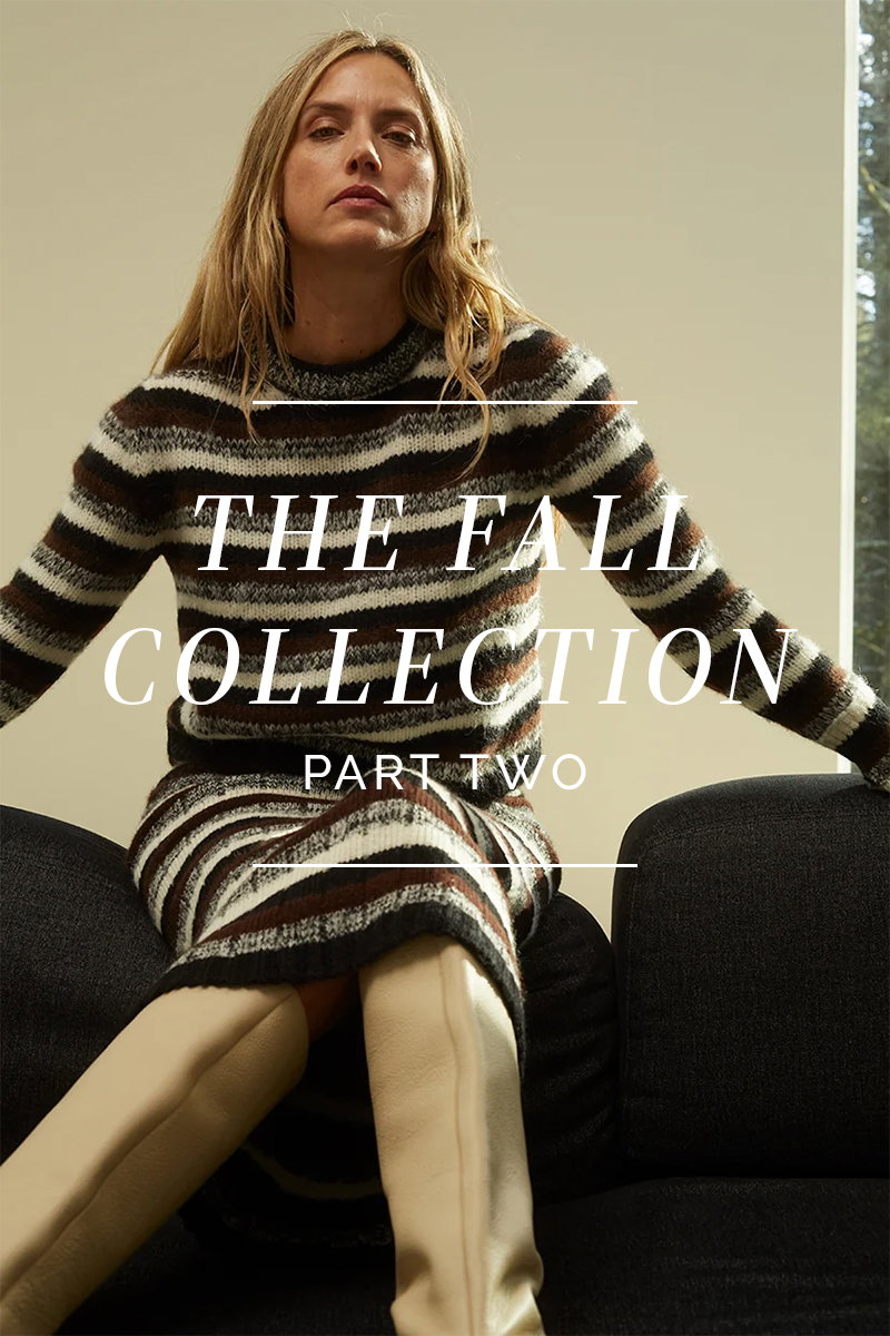 Woman wearing the ELEVEN SIX Ava Multi-Stripe Sweater and Pia Stripe Tube Skirt