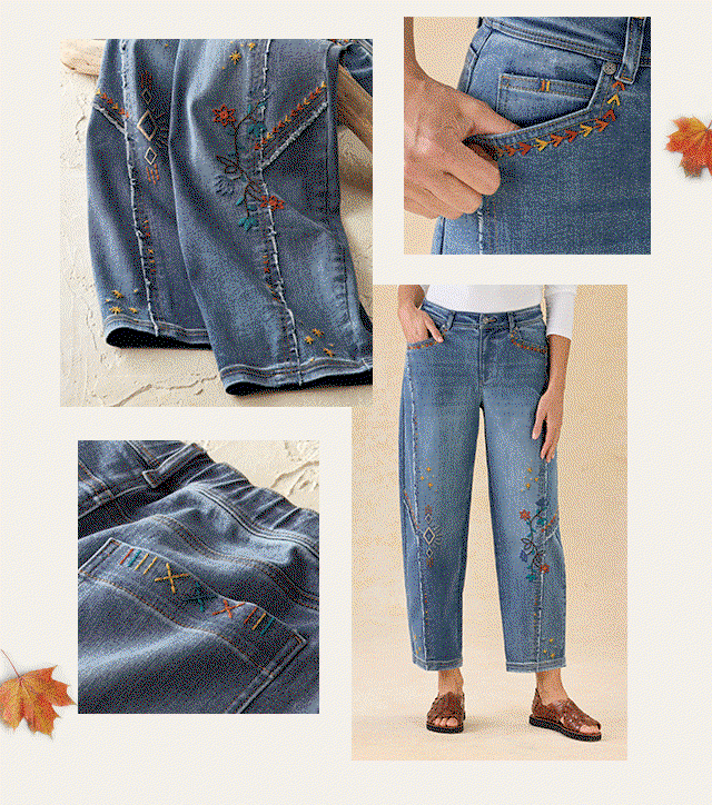 Embroidered Lantern-Leg Jeans GIF