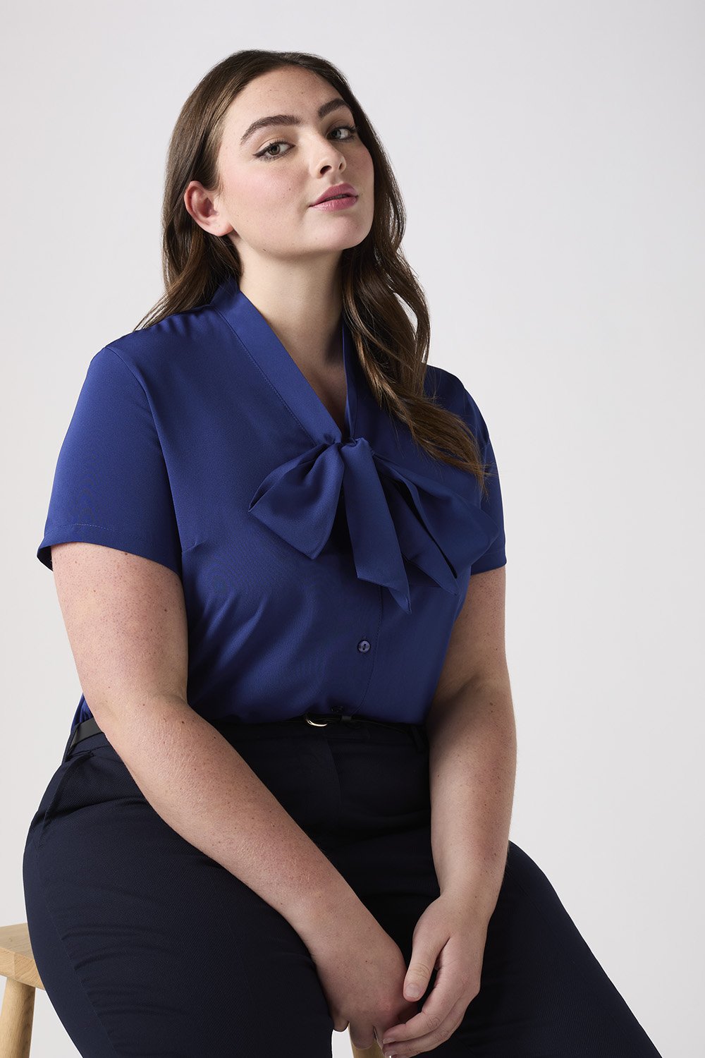 Image of SJ Women's Low Tie Neck Blouse, French Navy