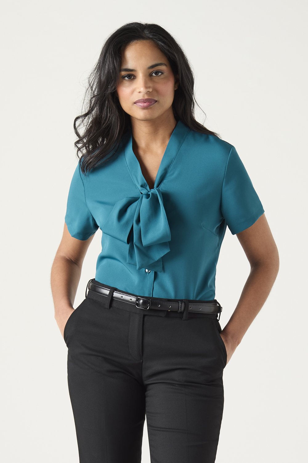 Image of SJ Women's Low Tie Neck Blouse, Dark Teal