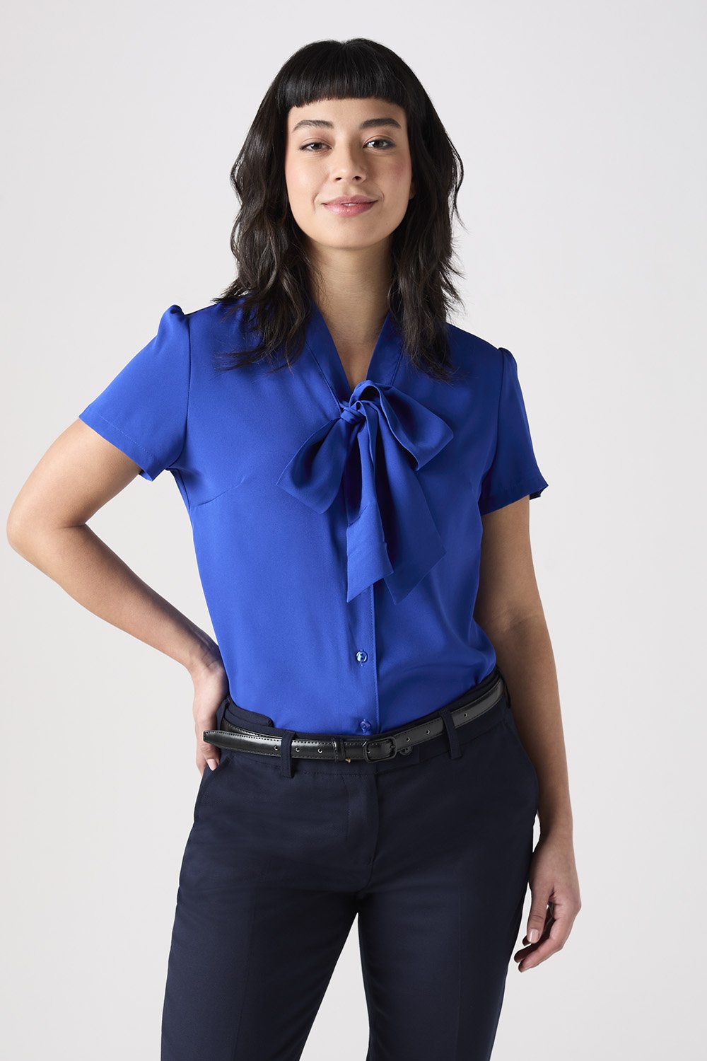 Image of SJ Women's Low Tie Neck Blouse, Cobalt Blue