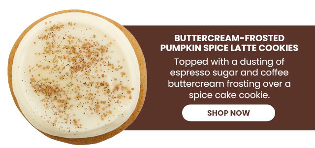 Pumpkin Spice Latte Cookies - Topped with a dusting of espresso sugar and coffee buttercream frosting over a spice cake cookie.  