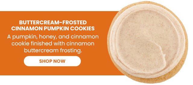 Buttercream-Frosted Cinnamon Pumpkin Cookies - A pumpkin, honey, and cinnamon cookie finished with cinnamon buttercream frosting. 