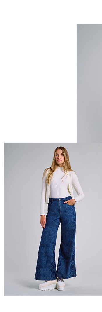 Wide Leg Blue Denim Jean With Python Embellished Design