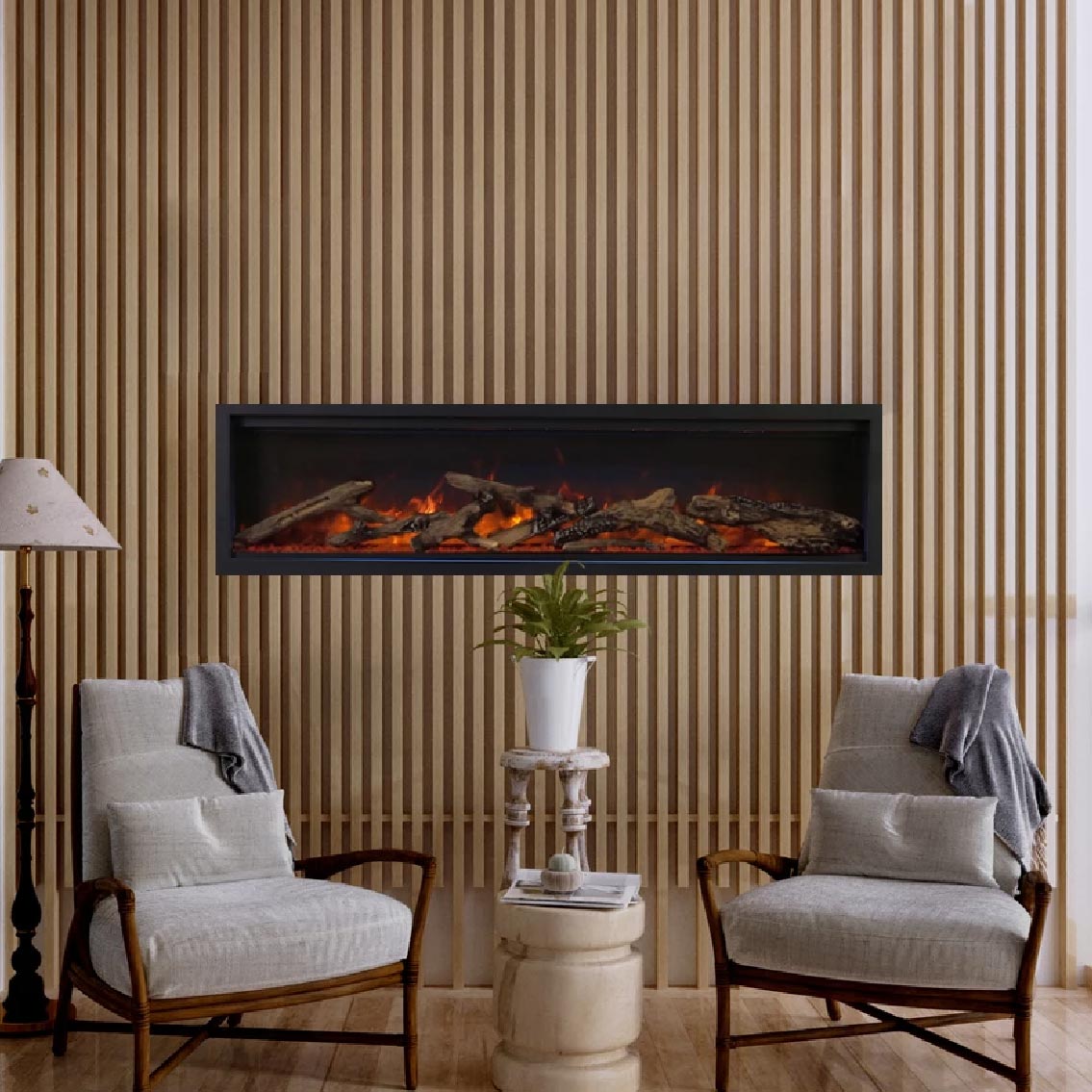 Modern living room with electric fireplace, chairs.