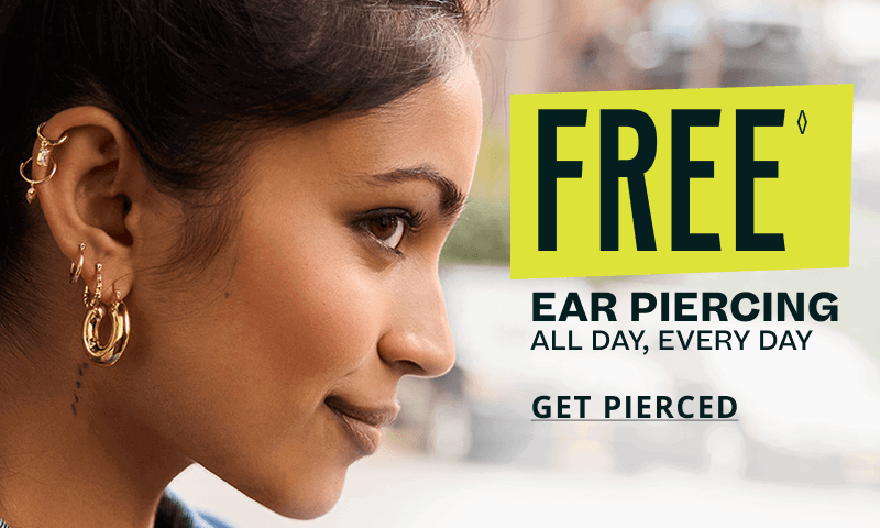 Focus on model’s gold ear stack. FREE ear piercing. Every day. Click here to get pierced