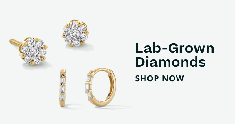 Diamond cluster studs & baguette huggie hoops. Lab-grown diamonds. Click here to shop now